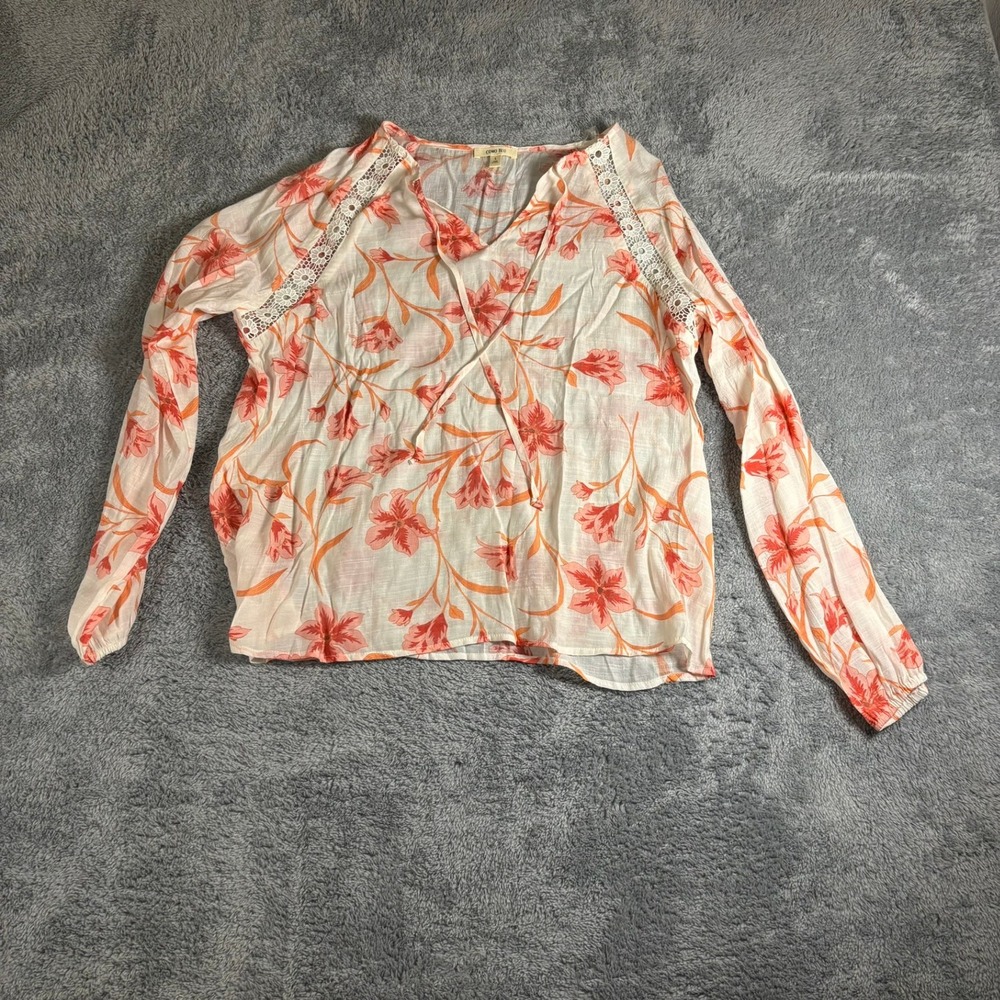 Como Blu Floral Lace Trim Peasant Blouse Orange Pink White Size L Long Sleeve